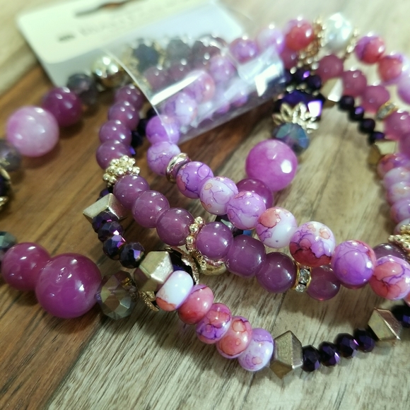 Riah Set Of Stretch Beaded Bracelets Purple Multi - Picture 5 of 5